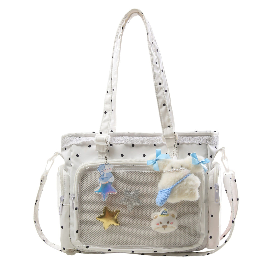 Handbag with Transparent Compartment Division and Playful Application Design Stornfield