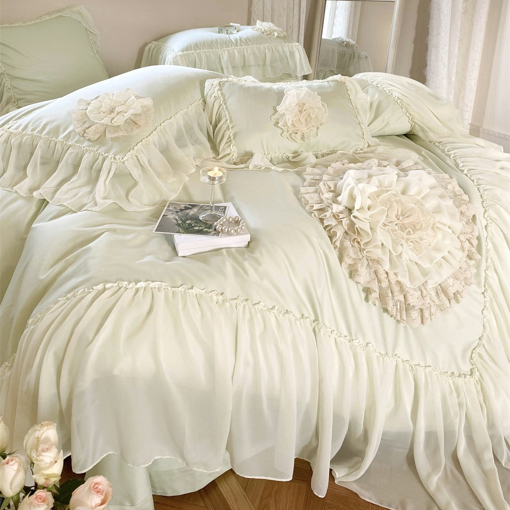 Romantic bedding set with chiffon ruffles and 3D flower appliqués