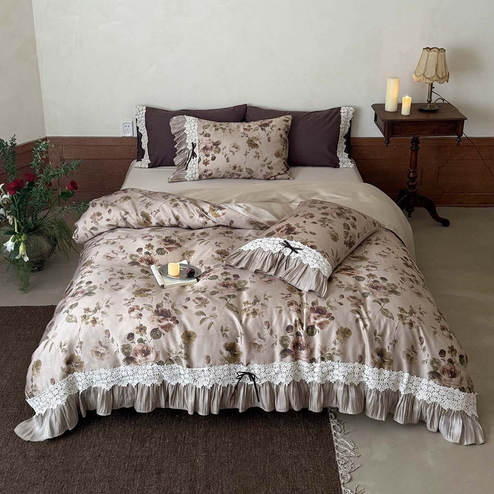 Satin Floral Ruffled Duvet Cover Set with Lace Trim and Pillow Shams