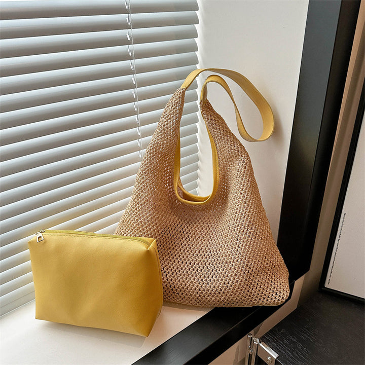 Handcrafted Woven Straw Tote with Removable Pouch