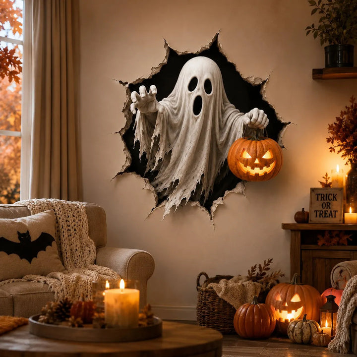 Three-dimensional Halloween wall sticker witch with hole-in-wall effect and pumpkin lantern