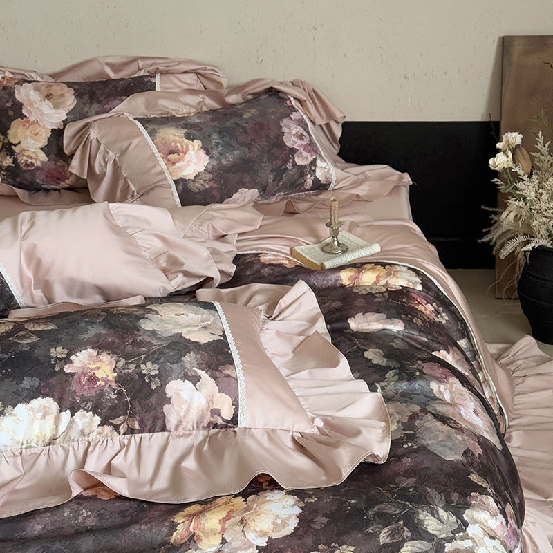 Antique Watercolor Panel Ruffled Duvet Cover Set with Frilled Pillow Shams