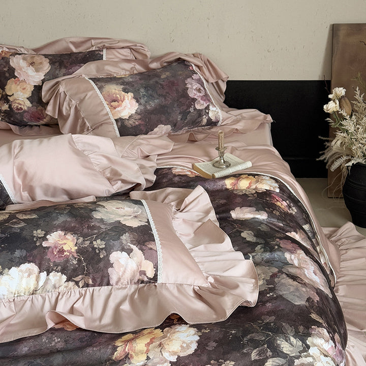 Antique Watercolor Panel Ruffled Duvet Cover Set with Frilled Pillow Shams