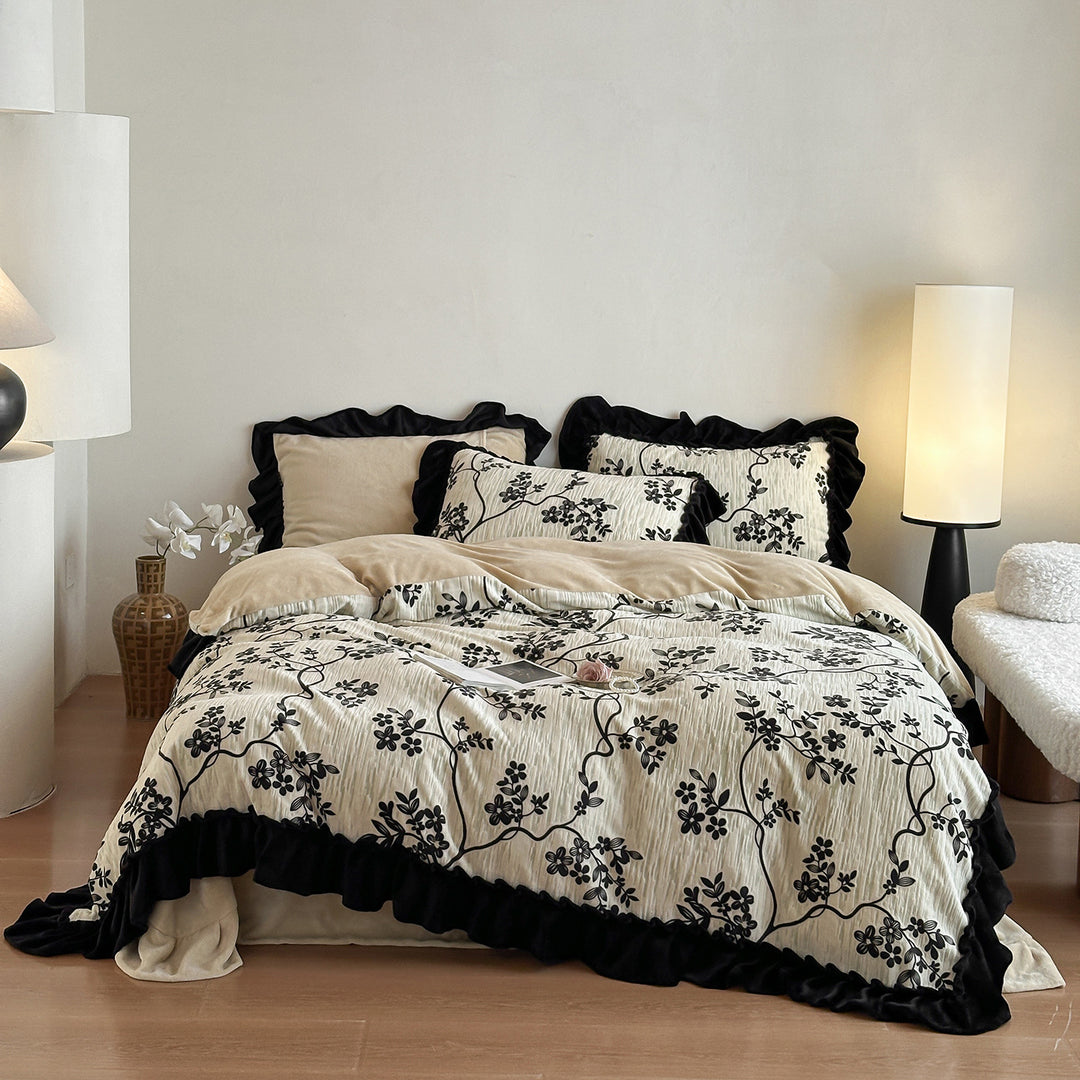Floral Embroidered Ruffled Velvet-Trim Duvet Cover Set