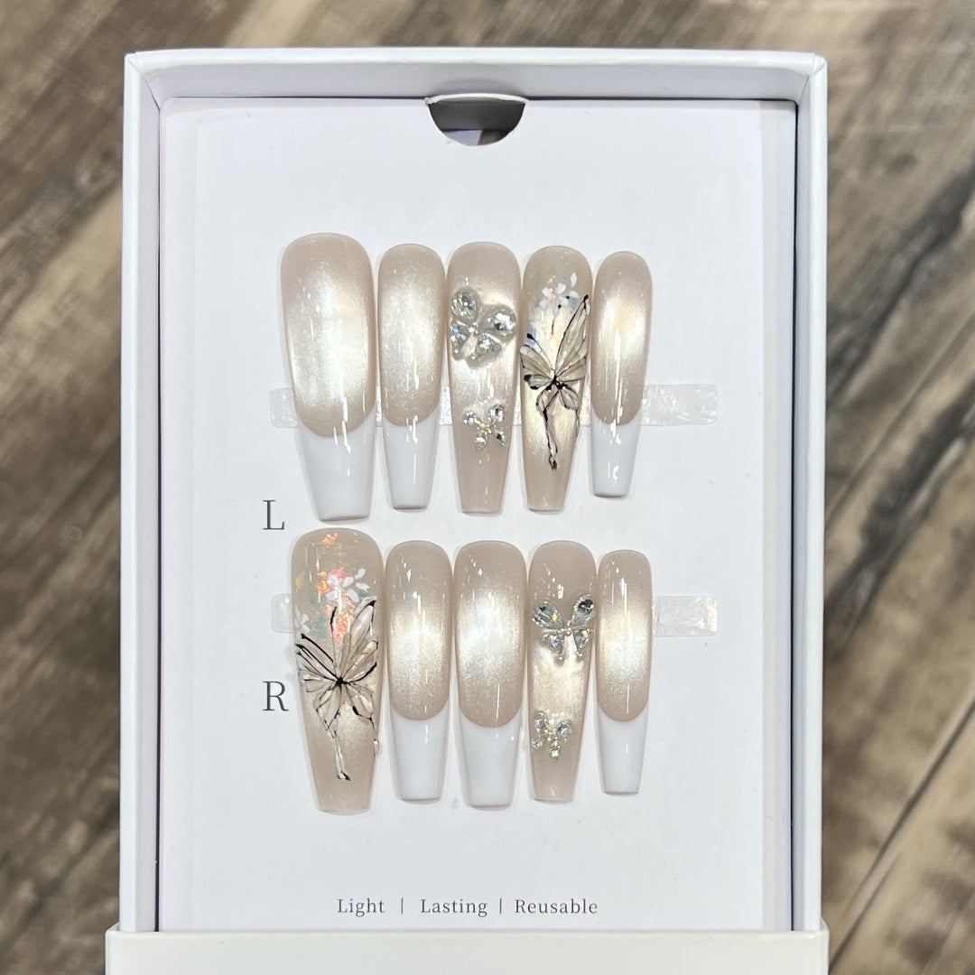 Elegant Press-On Nail Art Set with Butterfly and Jewel Accents Stornfield