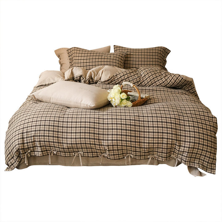 Plaid Cotton-Linen Duvet Cover Set with Tie-Closures and Pillow Shams