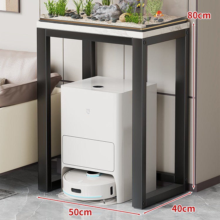 Gold Metal Aquarium Console Table with Faux Marble Top and Robot Vacuum Storage