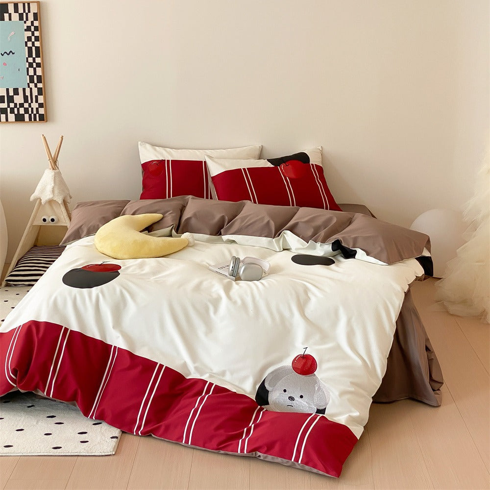Graphic Cherry Print Cotton Sateen Duvet Cover Set with Contrast Border and Pillow Shams