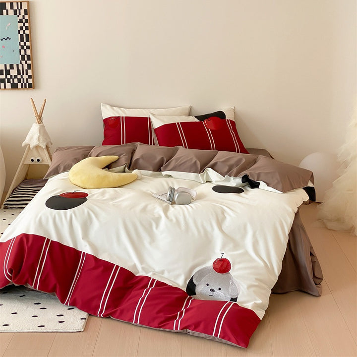 Graphic Cherry Print Cotton Sateen Duvet Cover Set with Contrast Border and Pillow Shams