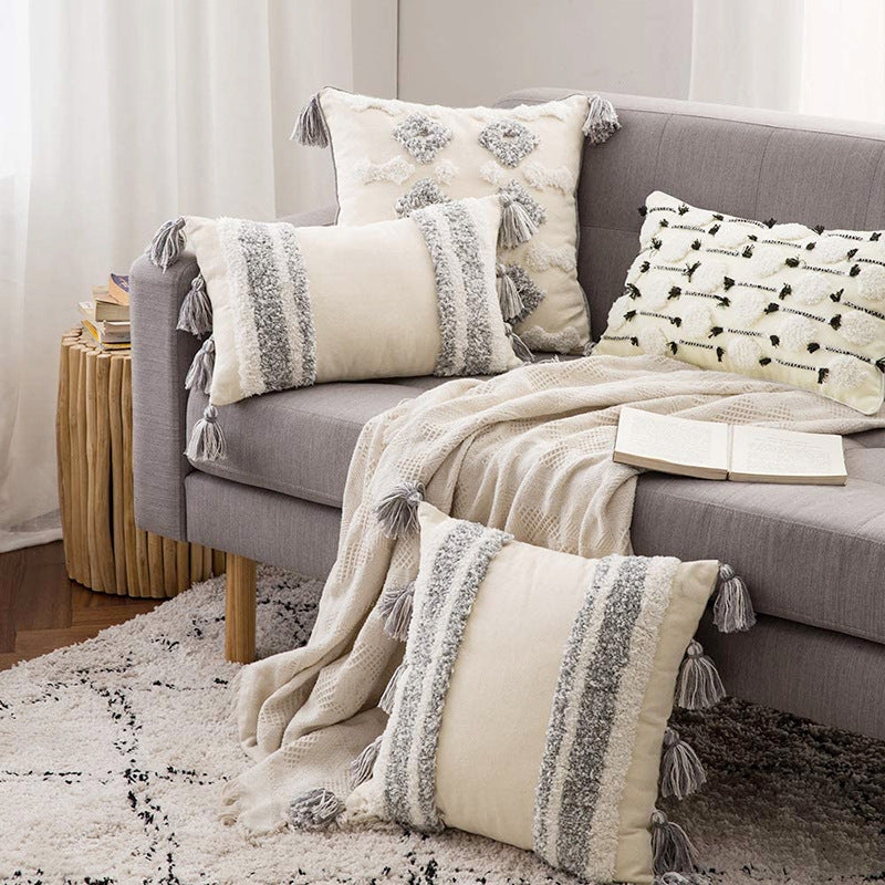 Decorative Tassel Embroidered Lumbar and Square Pillow Set