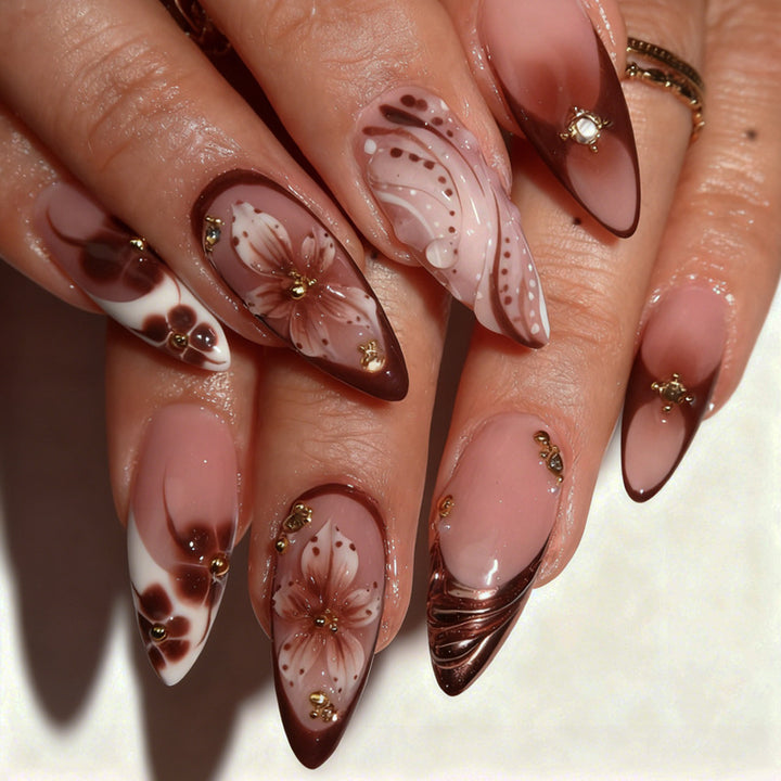 Acrylic nail set with 3D flower decorations and elegant patterns Stornfield
