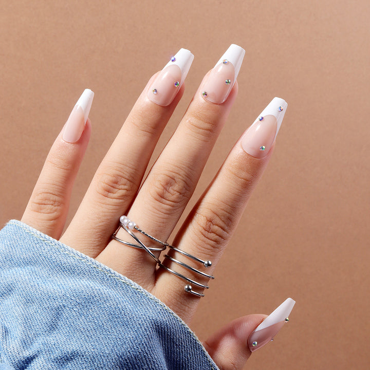 Elegant Iconic French Tip Press-On Nails with Rhinestone Accents Stornfield