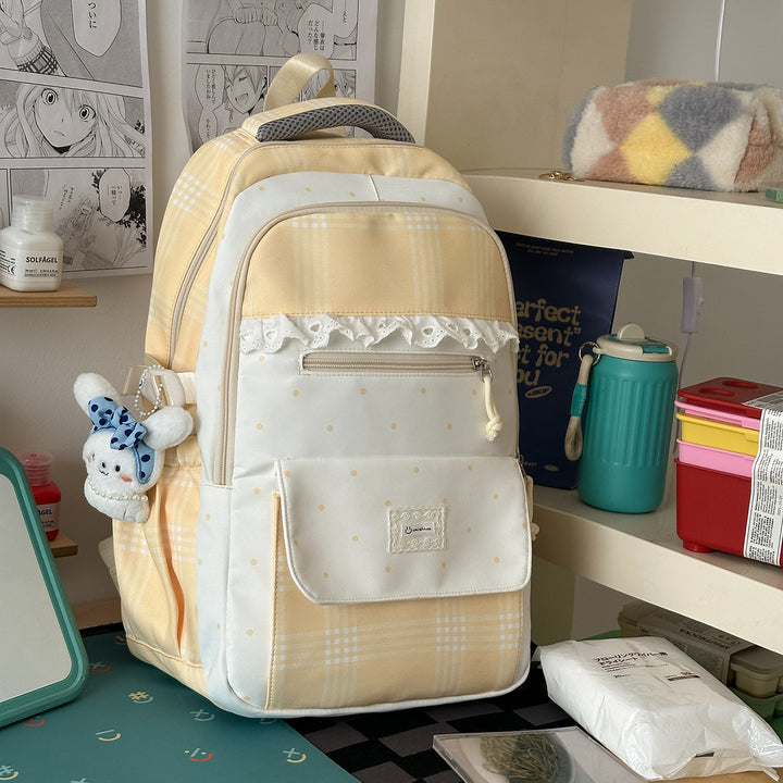 Plaid Patterned School Backpack with Cute Bunny Keychain Stornfield