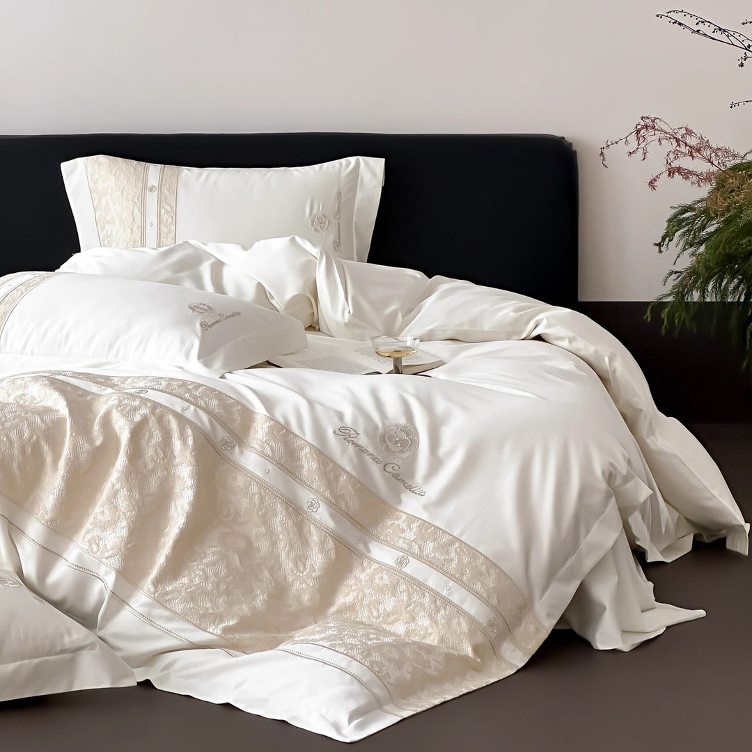 Luxury Embroidered Satin Sheet Set with Jacquard Border and Decorative Pillow Shams