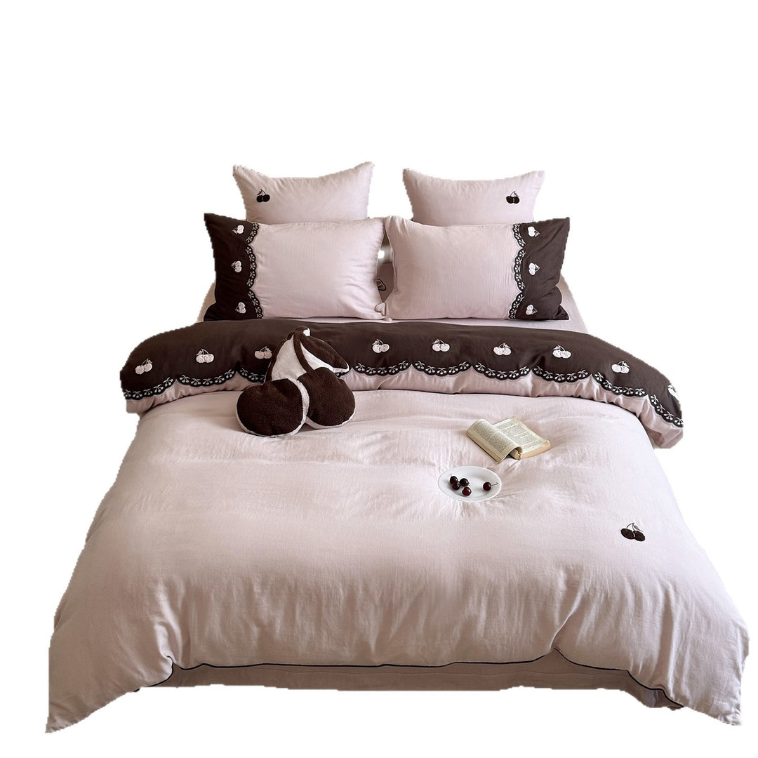 Embroidered Cherry Cotton Duvet Cover Set with Reversible Quilted Comforter and Piped Pillow Shams