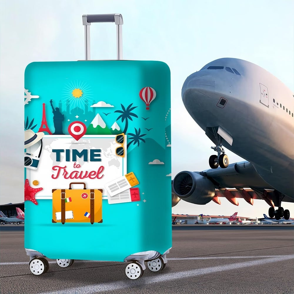 Unisex nan elastic motive suitcase protection in retro travel poster design with zipper and anti-slip attachment for spinner trolleys Stornfield