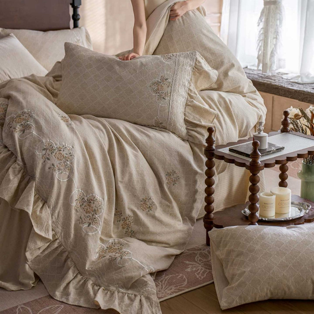 Embroidered Ruffled Cotton Duvet Cover Set with Skirted Bedspread