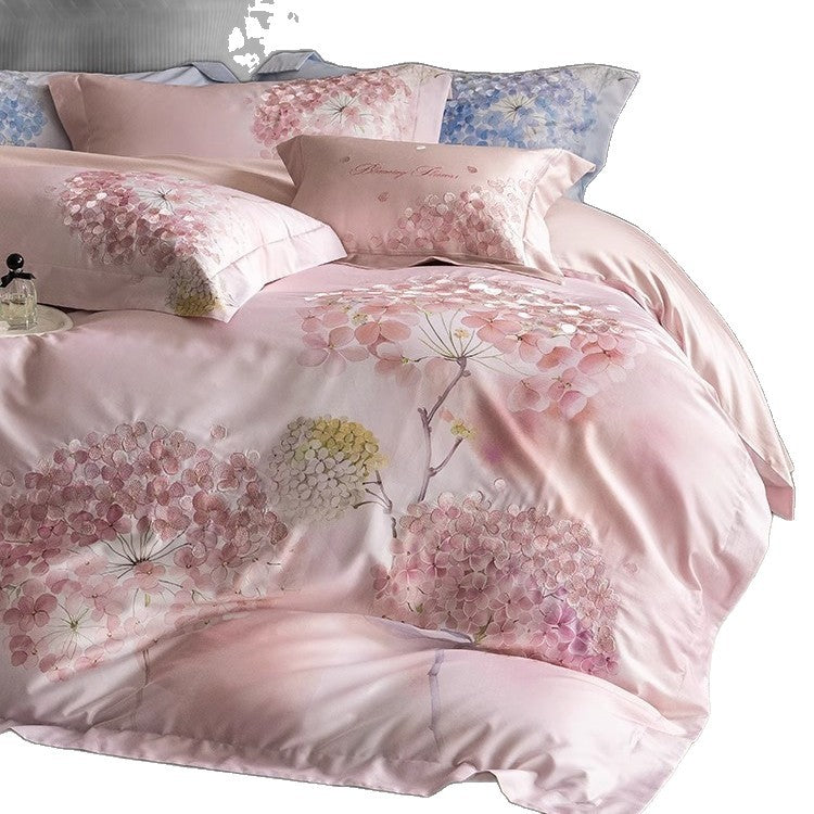 Silky Sateen Hydrangea-Print Duvet Cover Set with Reversible Back and Decorative Shams