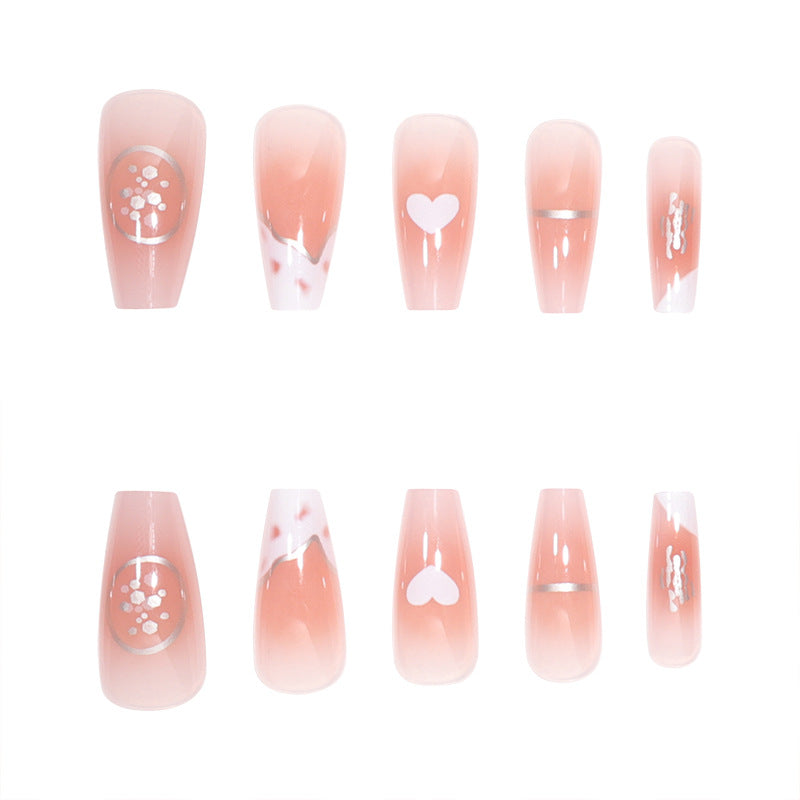 Elegant Long Press-On Nails with Artistic Heart and Gem Accents Stornfield