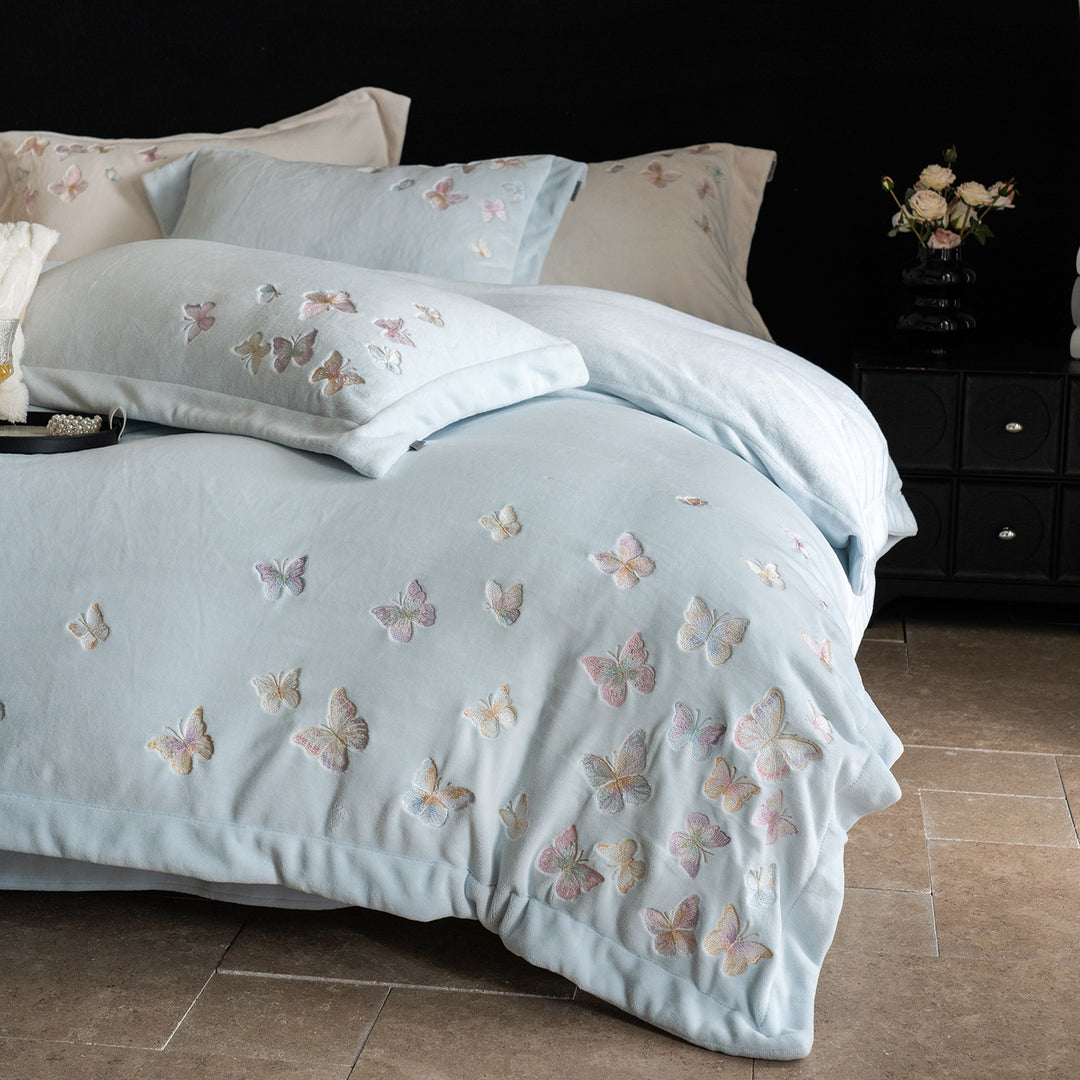 Embroidered Pastel Butterfly Washed Cotton-Linen Duvet Cover Ensemble