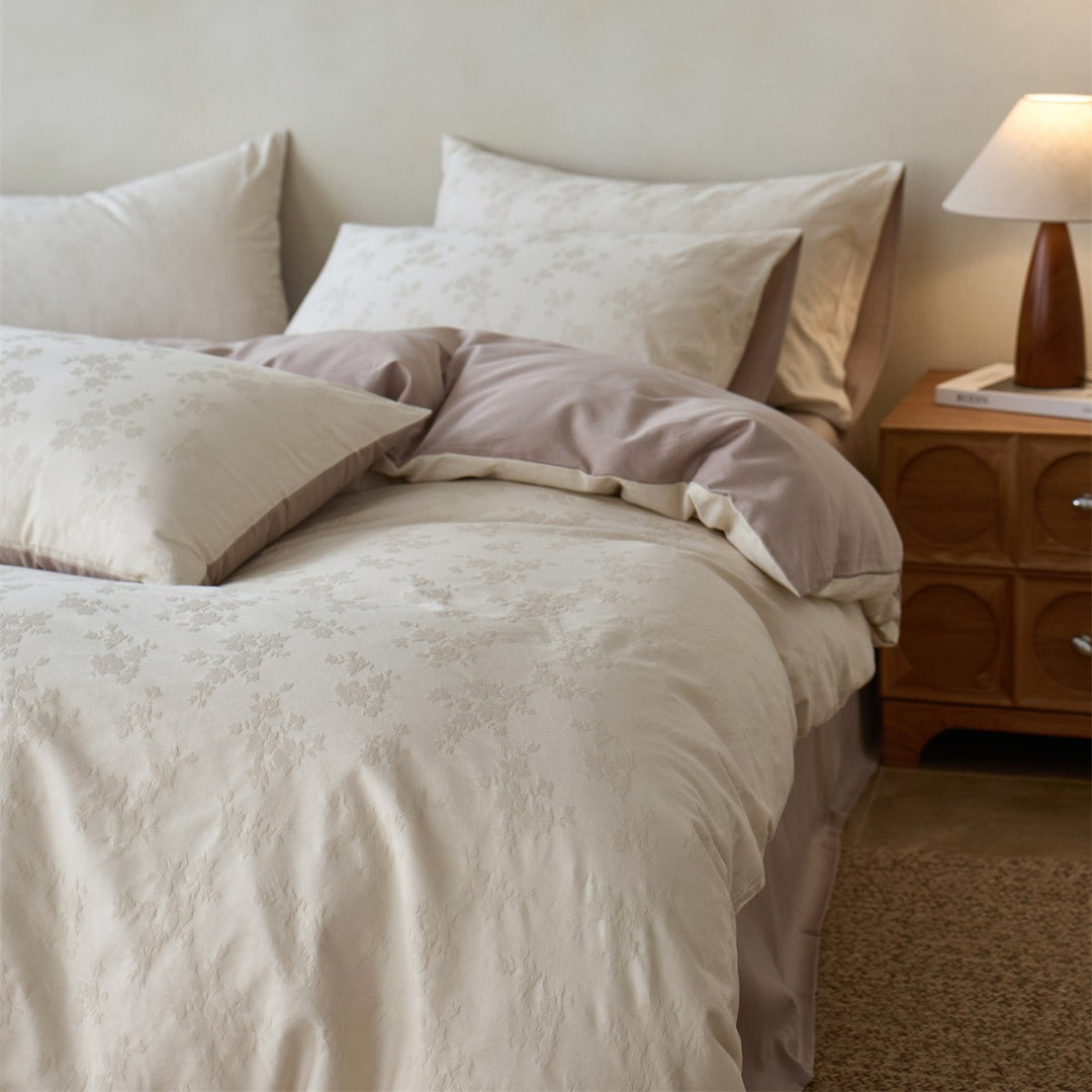 Floral Jacquard-Texture Cotton Sateen Duvet Cover Set with Pillow Shams