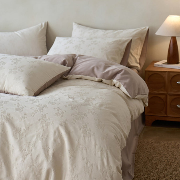 Floral Jacquard-Texture Cotton Sateen Duvet Cover Set with Pillow Shams