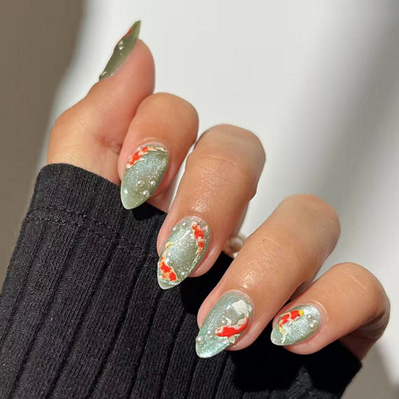 Decorative Press-On Nail Art Set with Koi Fish and Gem Accents Stornfield