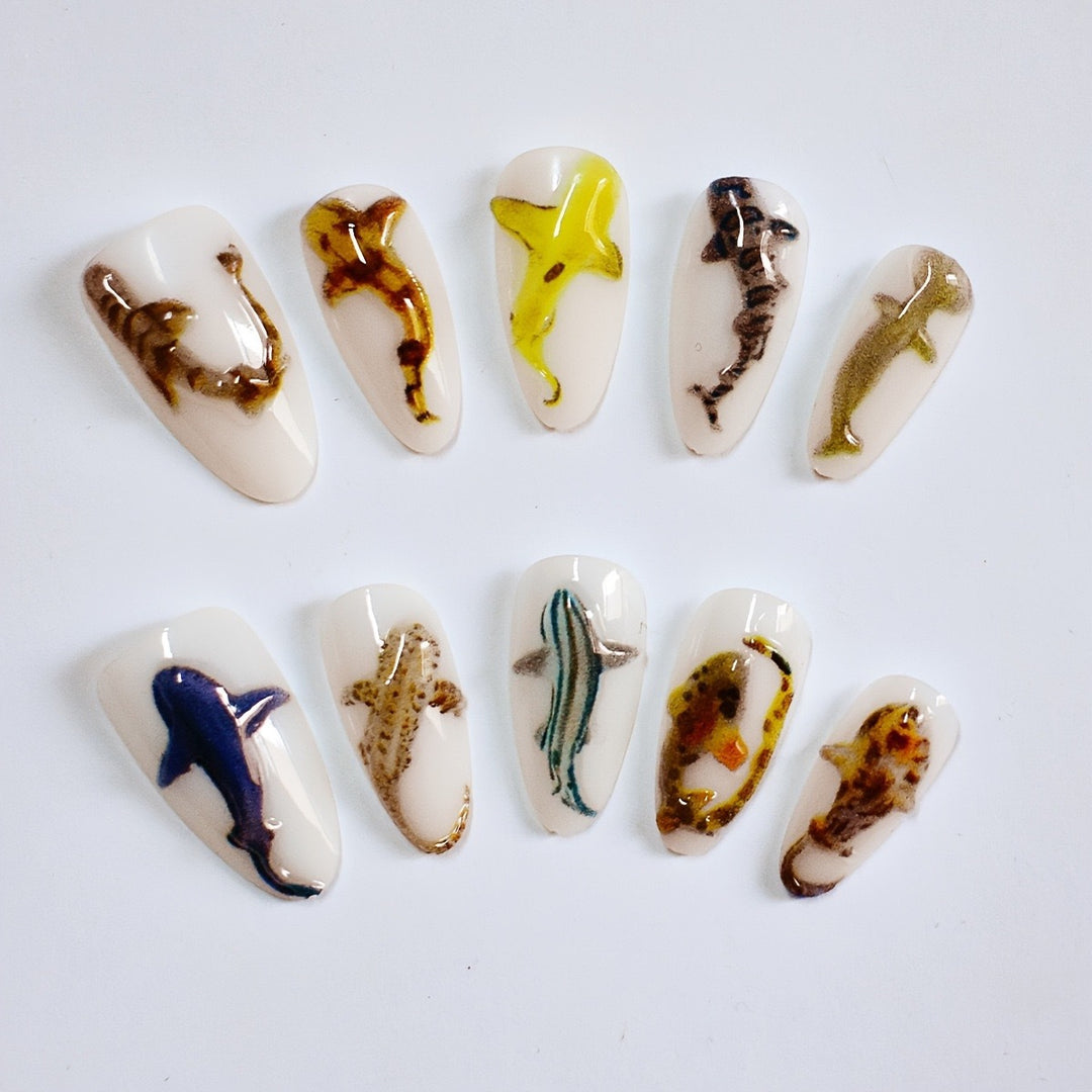 Artistic Shark-Themed Nail Art Extensions Stornfield