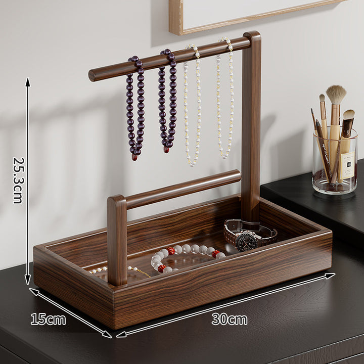 Wooden Jewelry Organizer with Dual Hanging Rails and Deep Storage Tray