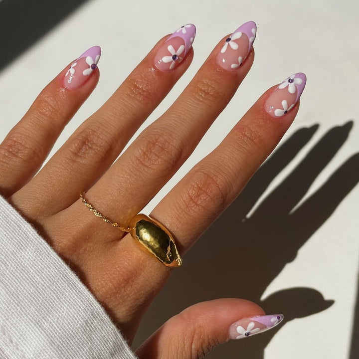 Artificial nail set with colorful flowers and creative French design Stornfield