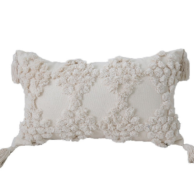 Bohemian Tufted Cotton Lumbar Throw Pillow with Clustered Fringe Texture and Corner Tassels