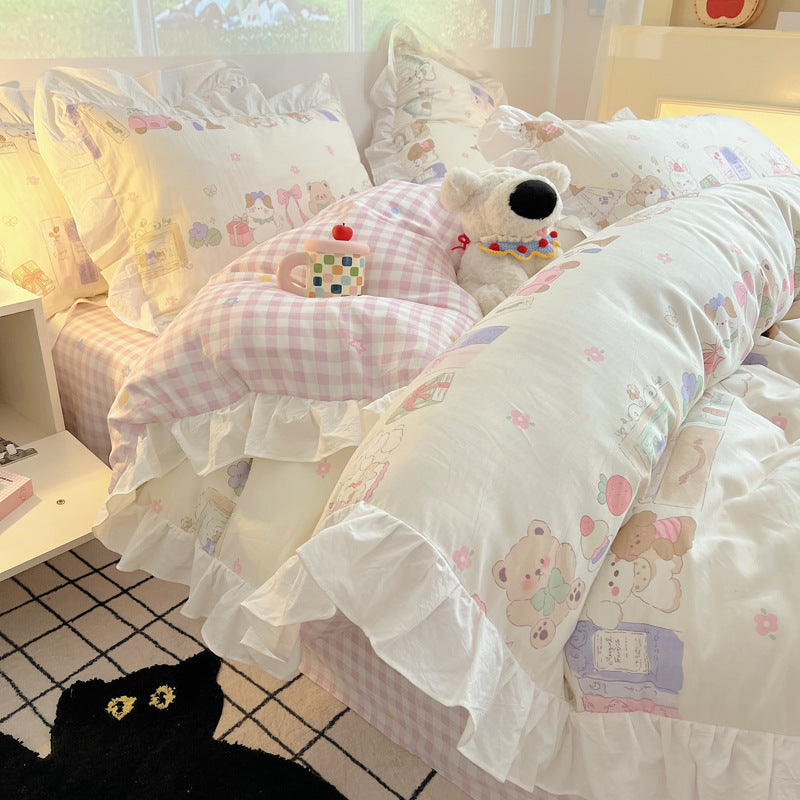 Ruffled Frilled Cotton Cartoon Animal Duvet Cover & Pillow Sham Set