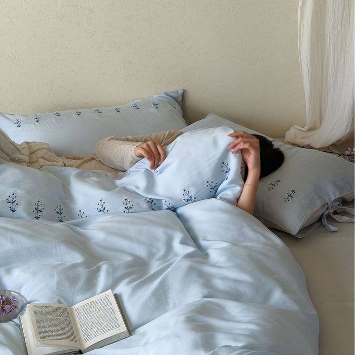 Washed Cotton Embroidered Botanical Duvet Cover and Pillowcase Set