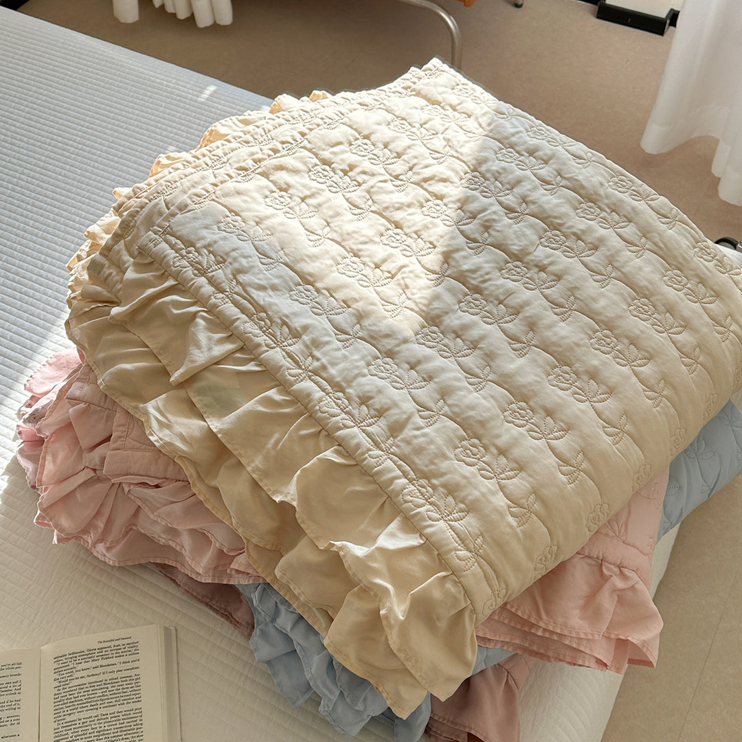 Quilted Floral Embroidered Bedspread Set with Ruffle Pillow Shams