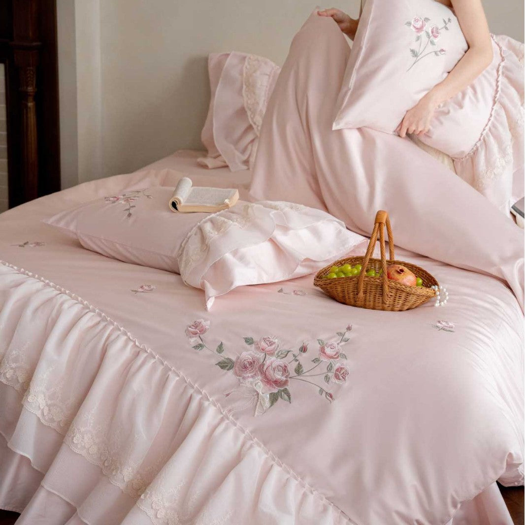 Ruffled Embroidered Cotton Sateen Duvet Cover Set with Layered Bedskirt & Lace-Trim Pillow Shams