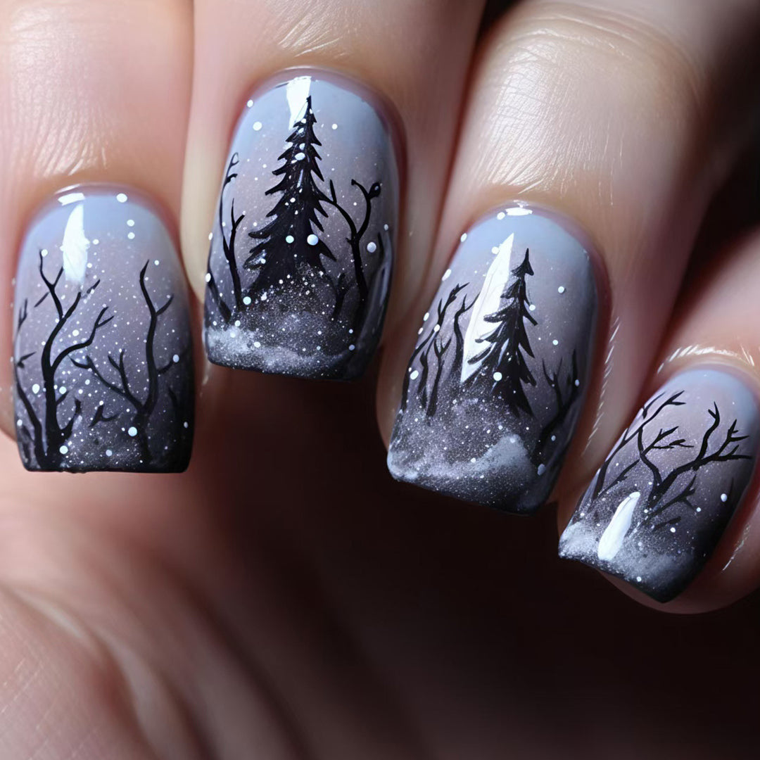 Artificial nail art with winter forest motif Stornfield