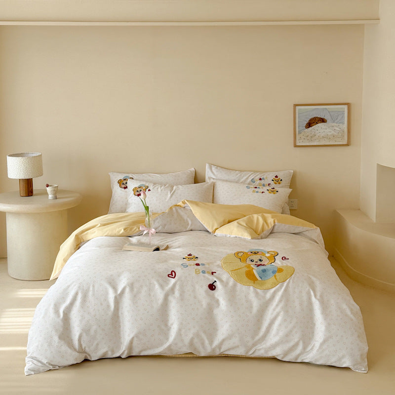 Cartoon Teddy Appliqué Cotton Sateen Duvet Cover & Sham Set