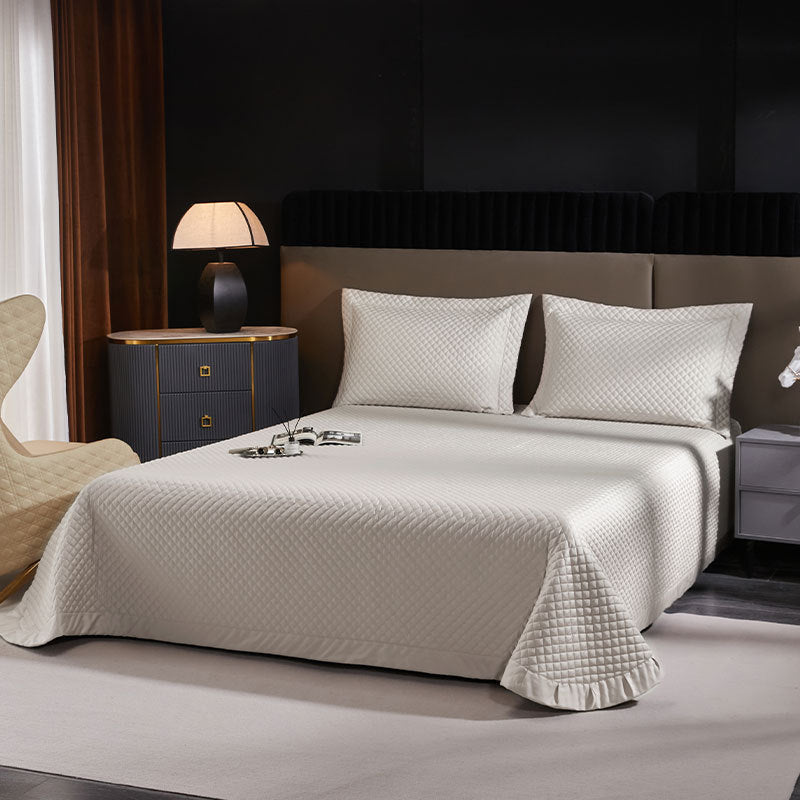 Quilted Diamond Bedspread Set with Ruffled Edge and Matching Pillow Shams