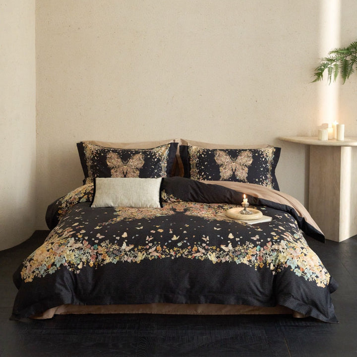 Butterfly Floral Reversible Cotton Sateen Duvet Cover Set with Pillow Shams