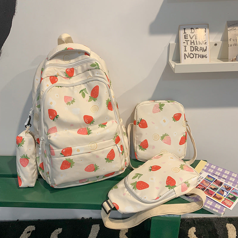 Stylish Strawberry Print Backpack Set