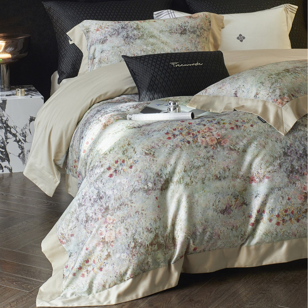Reversible Watercolor Floral Sateen Duvet Cover Set with Satin Trim