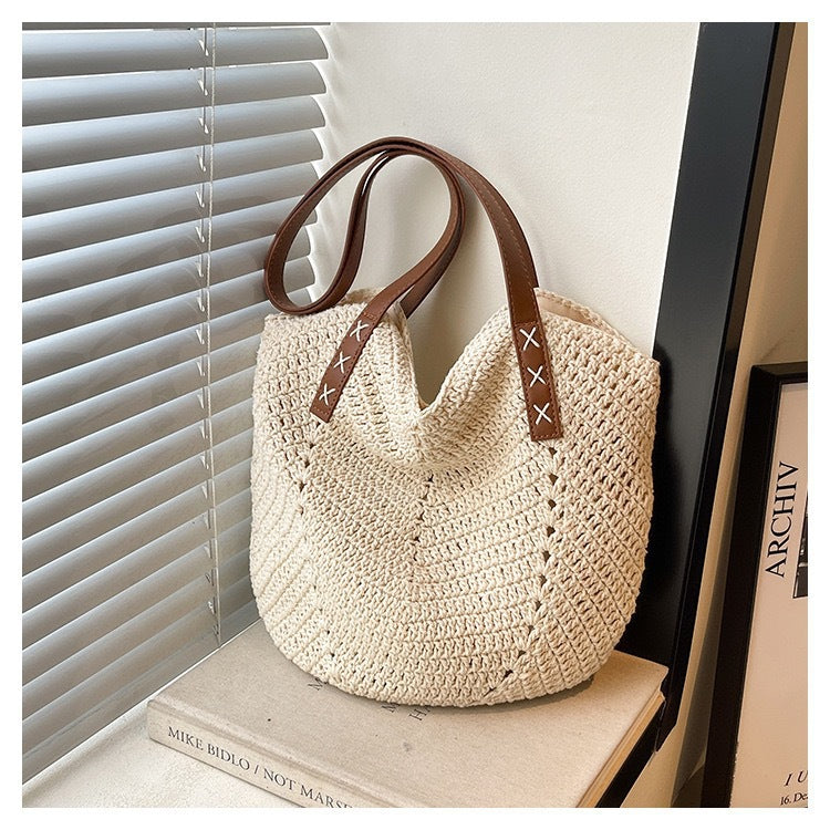 Handmade Beach Bag Made of Natural Material with Decorative Leather Accents Stornfield