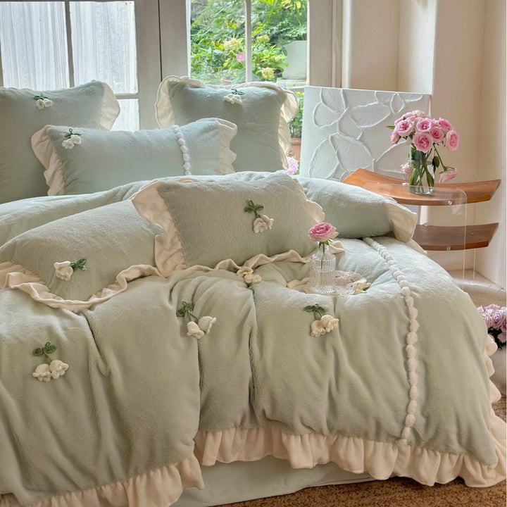 Floral Embroidered Ruffled Duvet Cover Set