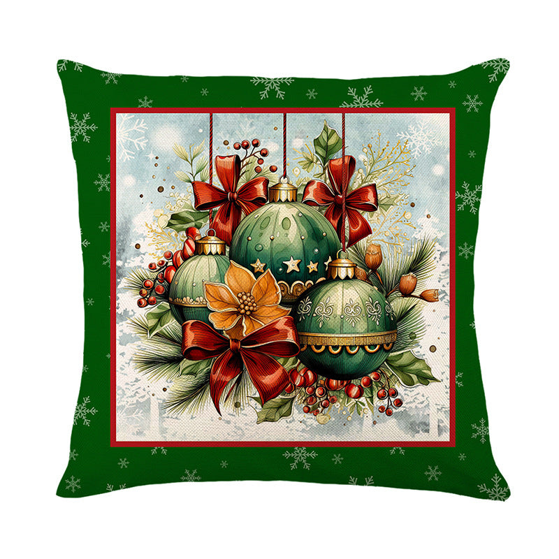 Festive Square Cotton-Linen Throw Pillow Cover with Christmas Snowman and Illuminated Tree Print