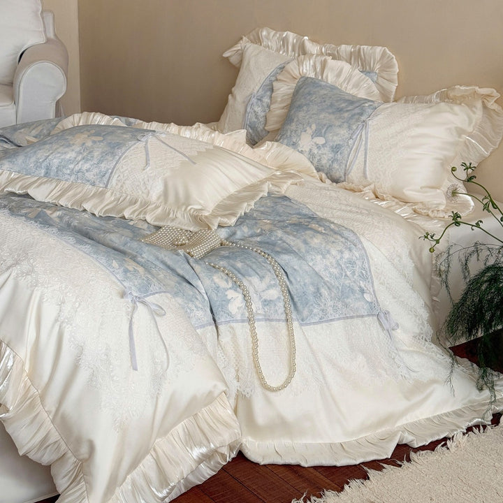 Ruffled Lace-Trim Cotton Sateen Duvet Cover Set with Bow-Tie Accents & Decorative Shams