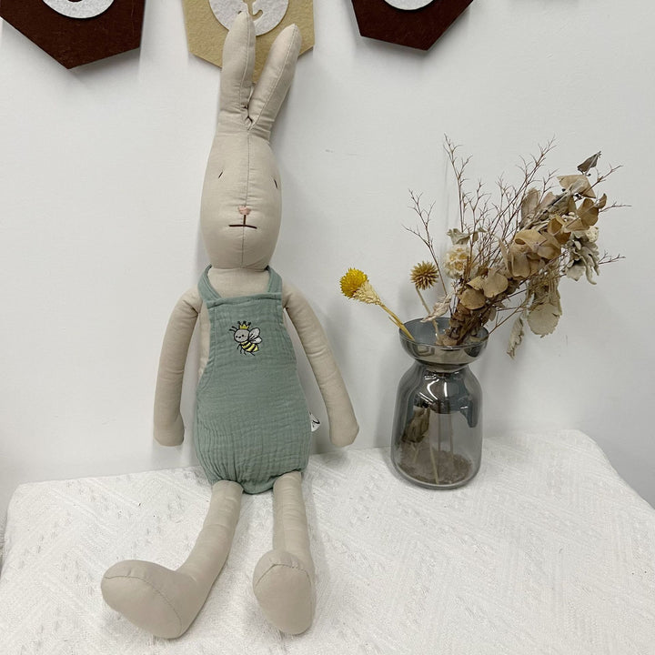 Handmade Linen Bunny Doll with Checked Cotton Dress