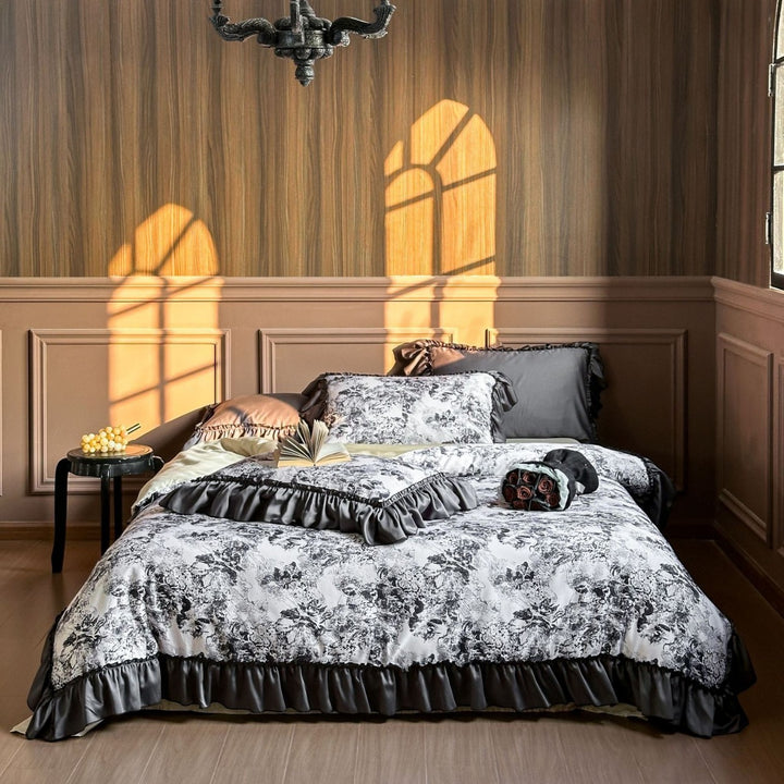 Designer bedding set in toile style with ruffle and silky matte cotton satin