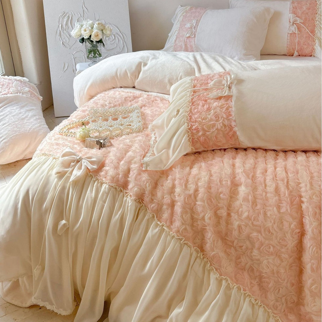 Romantic bedding set with ruffled edges, frills, and decorative accent pillows