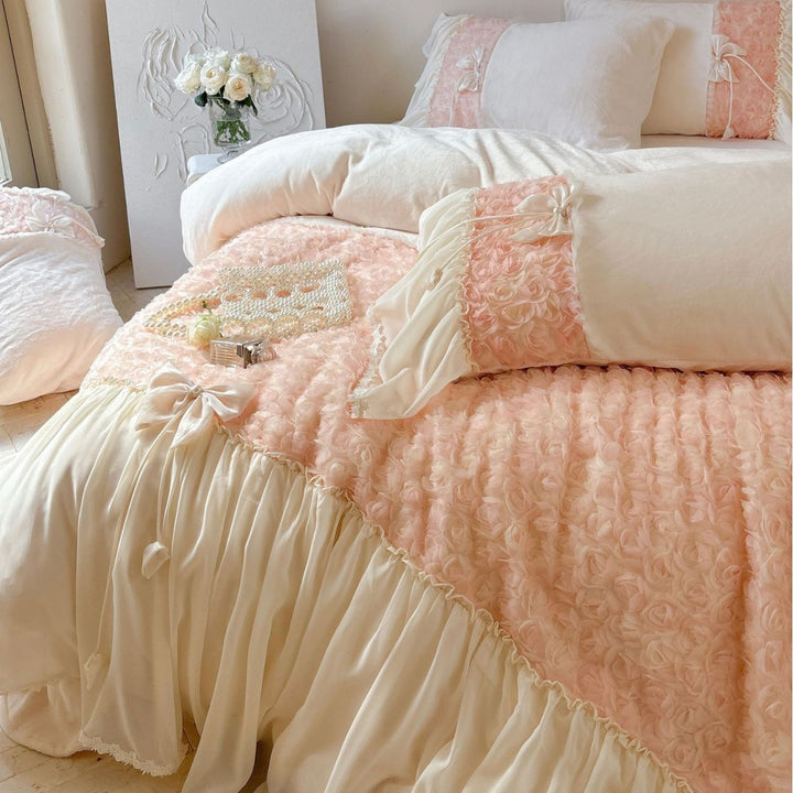 Romantic bedding set with ruffled edges, frills, and decorative accent pillows