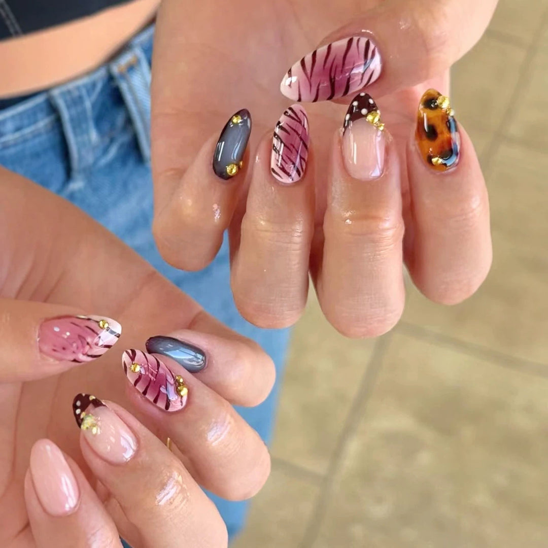 Artistic Press-On Nail Set with Unique Patterns and Embellishments Stornfield